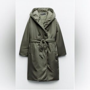 ZARA Water and Wind Protection Hooded Puffer Coat in Olive Green - M
